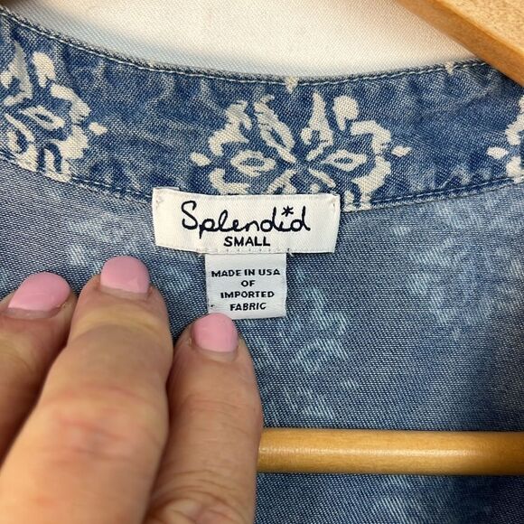 Splendid blue white floral print denim long sleeve button up shirt EUC size S - Picture 6 of 10